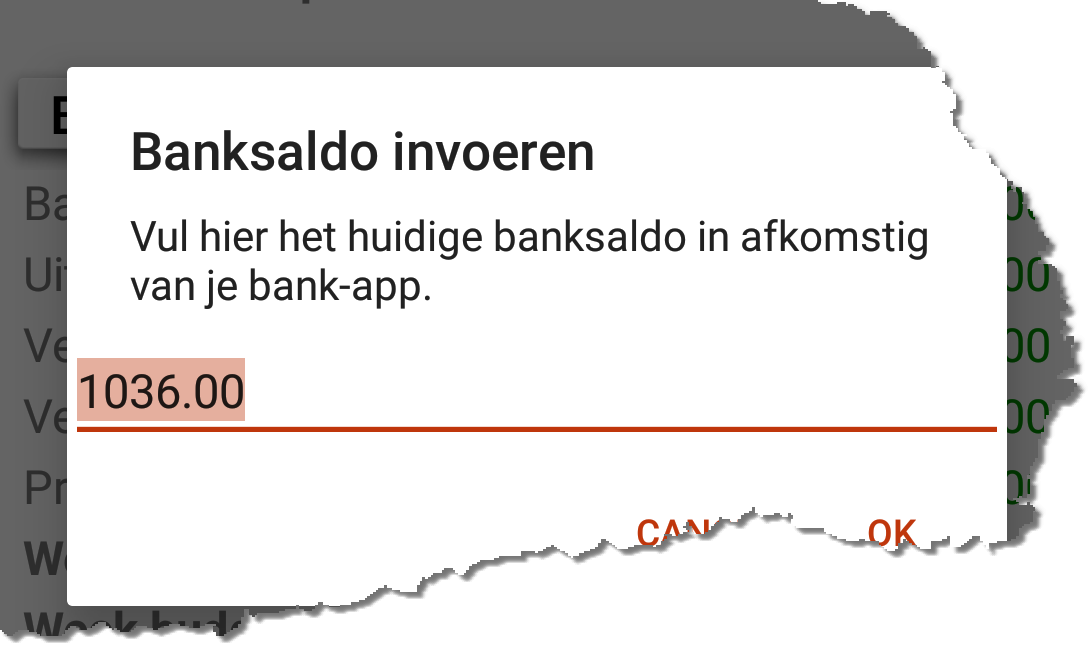 Screenshot voor het invoeren van de bank saldo